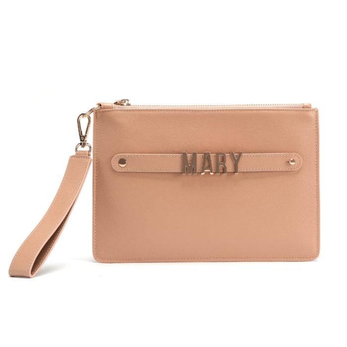 Classic Pouch with Letter Strap- Nude