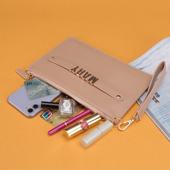 Classic Pouch with Letter Strap- Nude