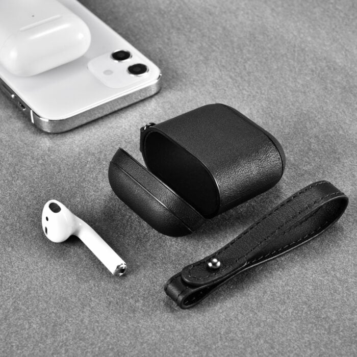 AirPods Leather Case with Strap- Black