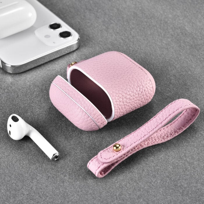 AirPods Leather Case with Strap- Grain Pink