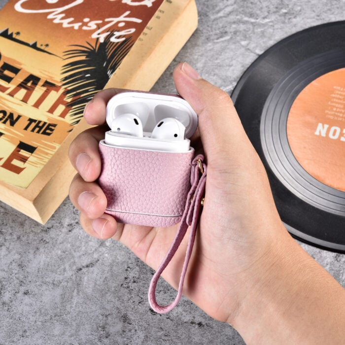 AirPods Leather Case with Strap- Grain Pink